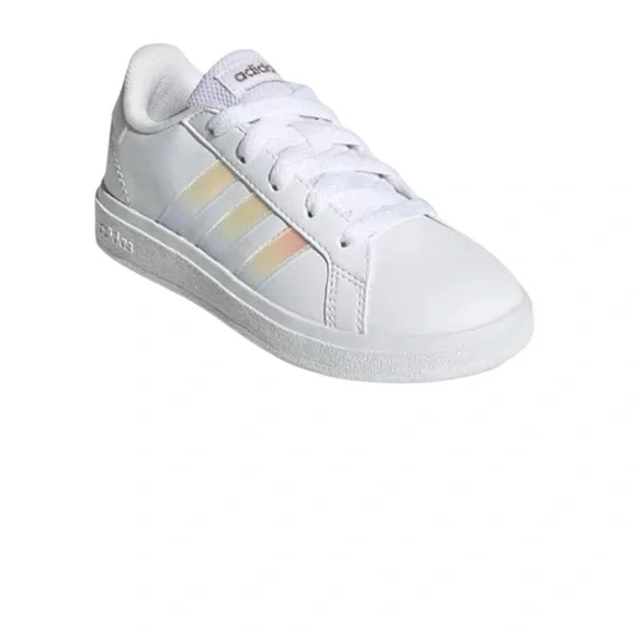 Adidas Grand Court 2.0 White Iridescent Kids Sneakers Size 2 Unisex Tennis Shoes - Picture 3 of 7